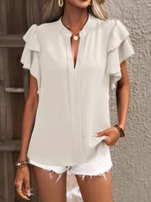 EMERY ROSE 女式简约纯色荷叶边领衬衫，夏季 - 杏色 - 查看 4