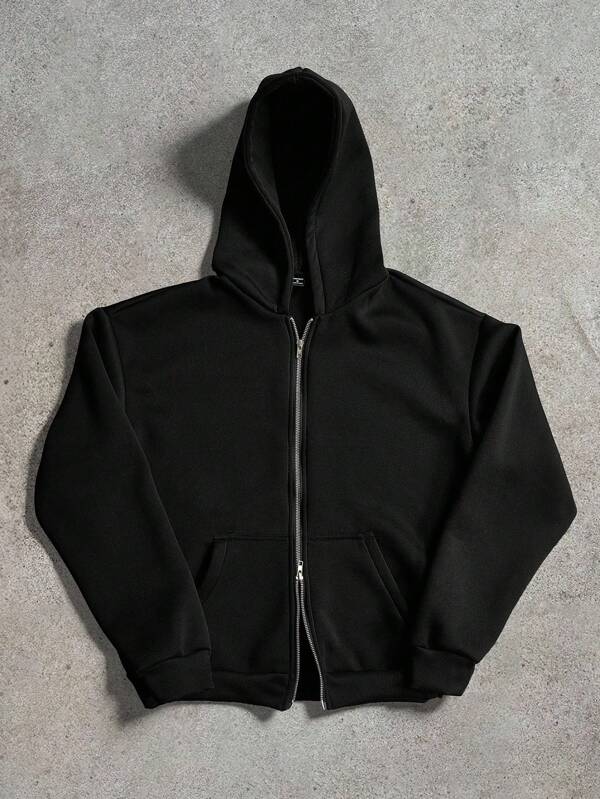 Manfinity Streetrush Sudadera de estilo callejero popular de hombre de bolsillo doble con cremallera doble, ropa casual, regalo para novio/esposo, regalo de aniversario, color negro
