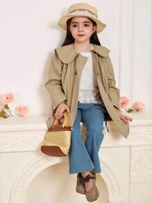 DAZY 年轻女孩休闲韩版翻领中长夹克，秋季衣服 - 卡其色 - 查看 1