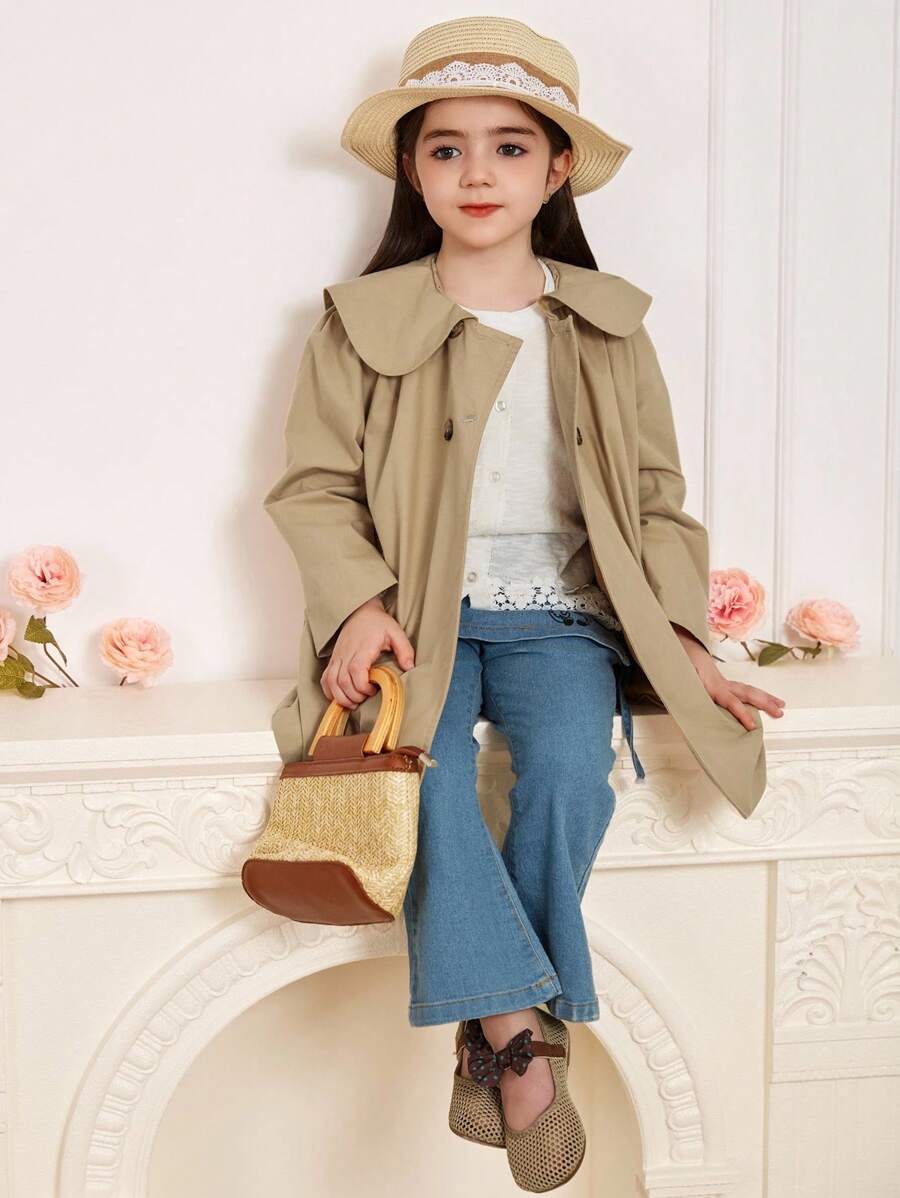 DAZY 年轻女孩休闲韩版翻领中长夹克，秋季衣服 - 卡其色 - 查看 1