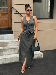 SHEIN ICON Plus Size Casual Washed Loose Long Denim A-Line Skirt - Dark Grey - View 4