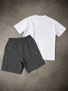 Manfinity Homme Men's Summer Casual Contrast Color Pocket Short Sleeve T-Shirt & Utility Shorts Set Men Two Piece Casual Short Sets Men Summer Sweatsuit