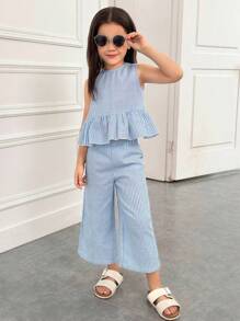SHEIN Young Girl Casual Simple Comfortable Round Neck Sleeveless Ruffle Hem Top And Pants Set - Blue - View 4
