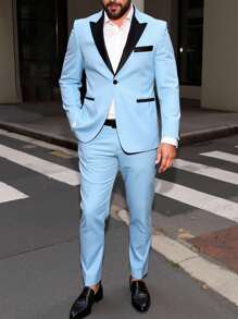 Calvornis Conjunto de chaqueta y pantalón de traje con contraste de color para hombres de talla grande - Celeste - Ver 3