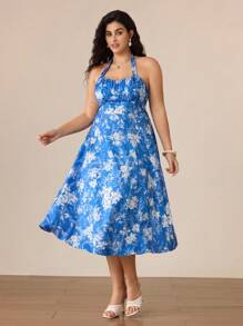 SHEIN MOD Plus Size Women Blue & White Halter Dress,Halter Neck Straps, Sexy Beach Dress,Garden Party Dress,Waist-Hugging Sundress,Suitable For Holiday, Picnic, Beach, Date, Casual Wear,Valentines Clothes,Vacation Outfits Woman,Summer Outfits For Women,Beach Outfits For Wom