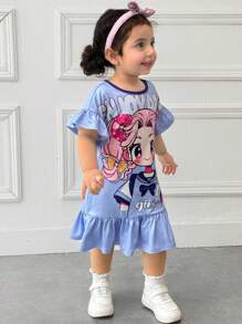 SHEIN Baby Girls' Loose Casual Simple Comfortable Round Neck Pullover Cartoon Pattern Ruffle Hem Dress - Blue - View 5