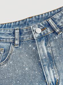 SHEIN MOD Women Casual Washed Rhinestone Wide-Leg Capri Jeans,Shiny Hot Diamond Loose Denim Capri Denim Shorts,Baggy Jeans,Y2k,School,Country Concert,Streetwear Jeans - Medium Wash - View 3