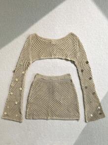 Soleia Bộ áo choàng dài tay hở vai sequin màu trơn và chân váy xẻ nửa cho kỳ nghỉ của phụ nữ - Màu Khaki - Xem 2