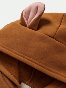 LOONEY TUNES X SHEIN Young Boy Cartoon Dog 3D Ear Applique Loose Fit Drop Shoulder Fleece Hoodie, Autumn/Winter Fall - Coffee Brown - View 4