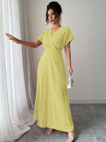 Rafferiza 女式夏季纯色V领短袖休闲连衣裙 - 綠色 - 查看 4