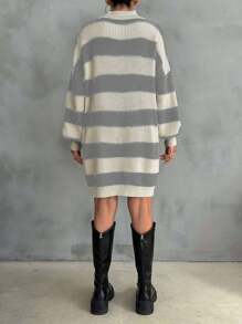 EURMUSE Women Drop Shoulder Sweater Dress With Striped Pattern,Petite - Light Grey - View 3