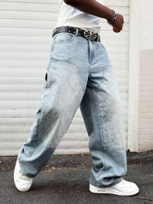 ROMWE MEN Street Life 男士花卉印花口袋宽松休闲时尚牛仔裤 - 藍色 - 查看 1