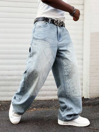 Street Life Jeans holgados de moda casual con bolsillo y estampado floral para hombres