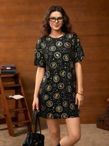 HARRY POTTER X SHEIN Women Summer Casual All-Over Print Crew Neck Short Sleeve Dress - Navy Blue - View 1