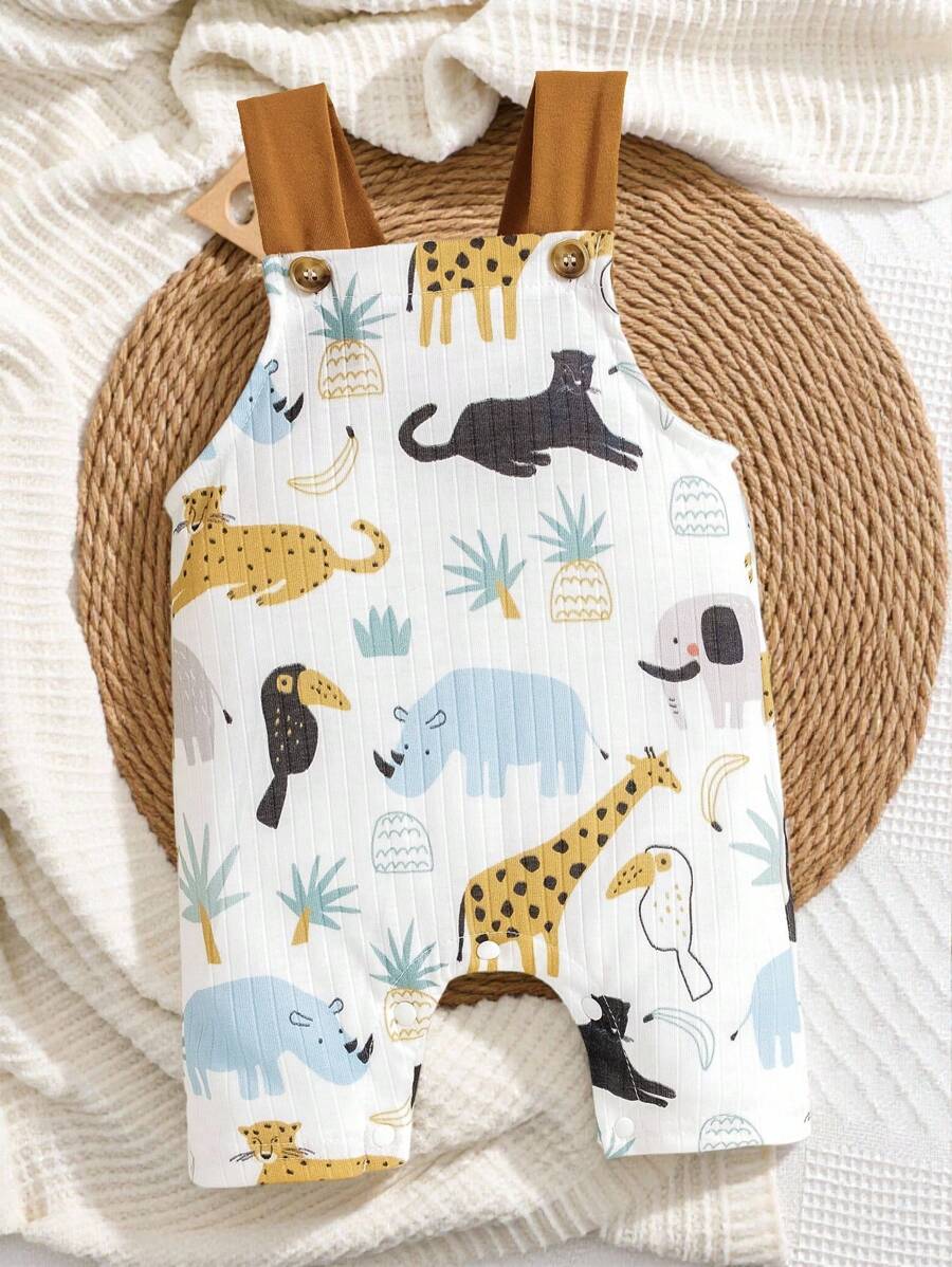 SHEIN Baby Boy Casual Basic Cute & Fun Animal Print Giraffe, Rhinoceros & Leopard Pattern Overall Shorts, Great For Spring And Summer Outdoors - Multicolor - View 1