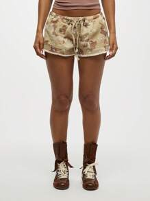 SUMWON WOMEN Combat Inspired Frayed Hem Summer Festival Denim Shorts With Drawstring Waist Military Fringe Cut Off Shorts Distressed Casual Bottom - Multicolor - View 3