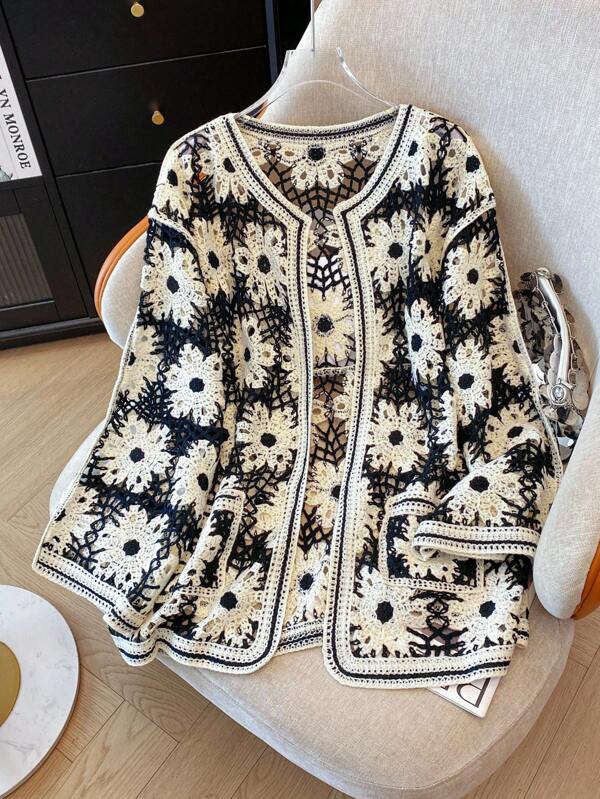 Regalyn Cardigan ample, casual et à manches longues à motif floral et à découpes pour femmes grande taille