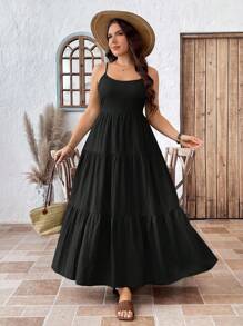 SHEIN LUNE 大码女式无袖可调节露背露背收腰休闲度假连衣裙仲夏日服装毕业礼服婚礼宾客礼服女士度假服装女士海滩服装女士节日太阳裙女士生日礼服舒适合身休闲风格休闲装度假风格假日服装波西米亚风黑色长裙分层长裙黑色太阳裙夏季连衣裙休闲黑色连衣裙，女士假日服装