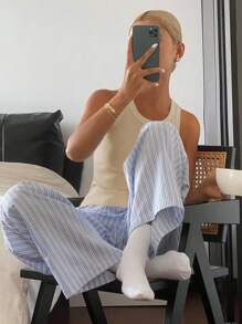DAZY 女式简约纯色吊带背心和宽松条纹睡裤两件套睡衣套装 - 杏色 - 查看 5