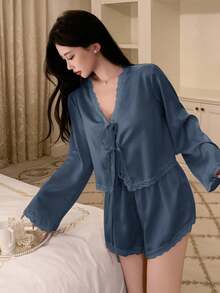 DAZY Women's Romantic Lace Patchwork Satin Tie-Front Top And Super Shorts Pajama Set, Fall Winter Clothes - Royal Blue - View 4