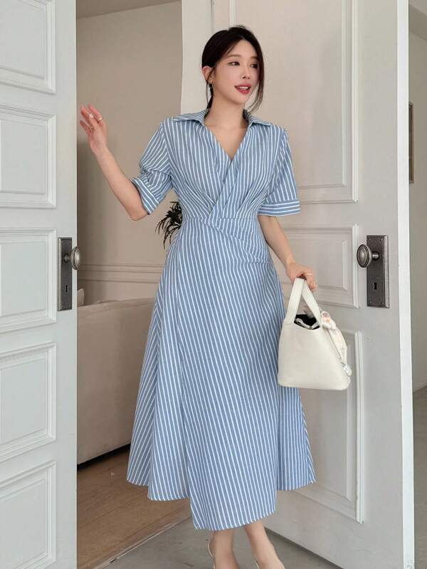 Wynsel Casual Striped Pleated Mid-Length Shirt Dress For Women