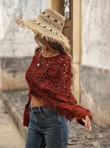 Brillora 度假流苏镂空花卉女式毛衣 - 鏽棕色 - 查看 4