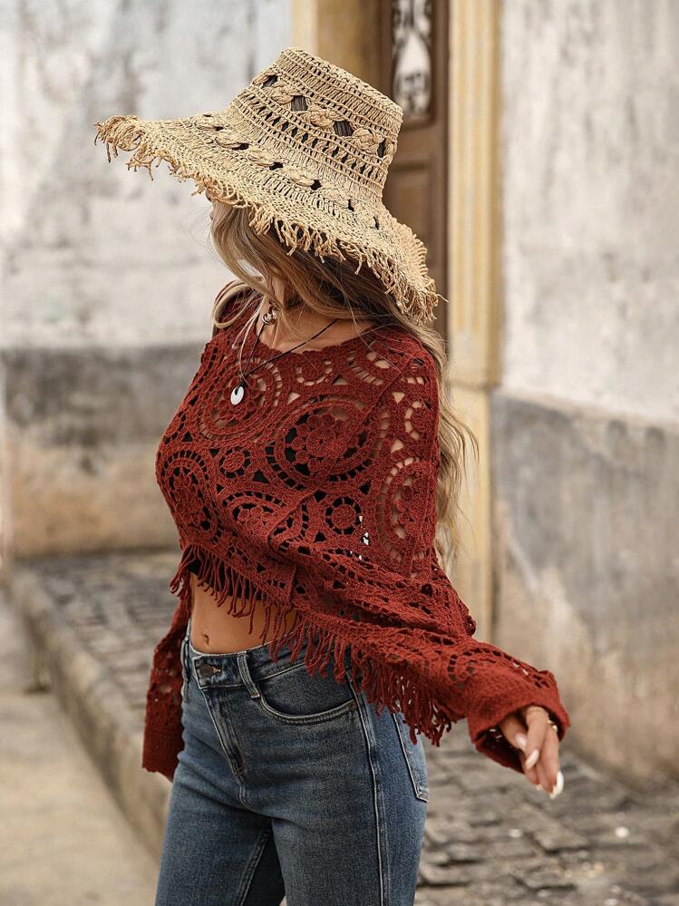 Brillora Suéter floral de mujer con flecos calados para vacaciones - Óxido marrón - Añade 4