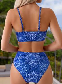 Swim Vcay Của phụ nữ In Hoa Bikini Áo bơi Hai Bộ Lễ hội hóa trang - Màu xanh lam - Xem 2