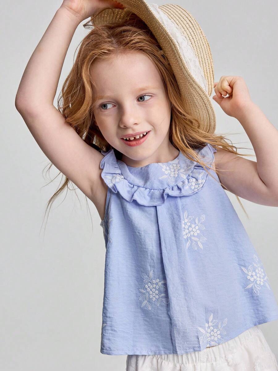 Ontre Young Girl Ruffled Floral Embroidery Round Neck Tank Top - Blue - View 1