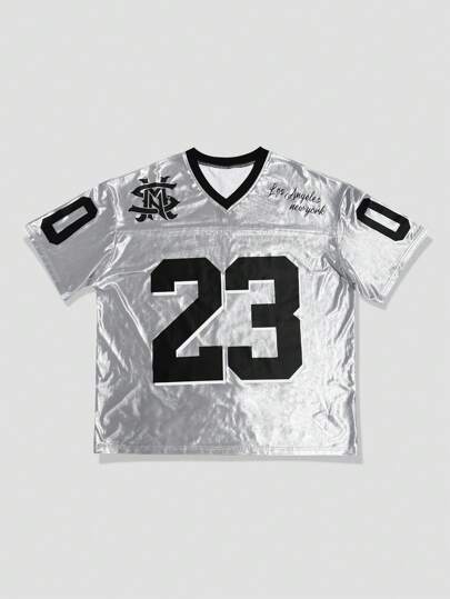 Prep Camiseta casual de verano de manga corta y cuello en V con estampado numérico para hombre