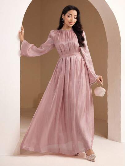 Veilorie Elegant Round Neck Long Sleeve Lightweight Shiny Summer Vacation Dress