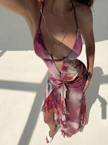 Aloruh 性感深 V 领蕾丝露背修身高开衩长裙，春夏度假装 - 彩色 - 查看 8