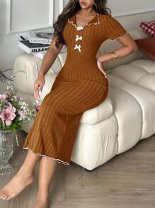 SHEIN Váy len nơ khối màu thanh lịch, đồ mặc ở nhà dành cho nữ - trái cam - Xem 4