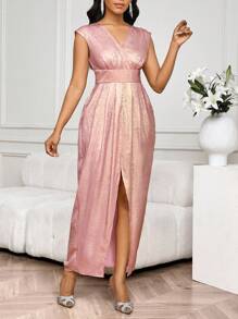 SHEIN Lady Women's Elegant Metal-Tone Sleeveless Slit Dress,Dusty Rose Summer Dining Birthday&Event Wedding Guest Dresses,Holiday Party Country Concert Outfit - Pink - View 6