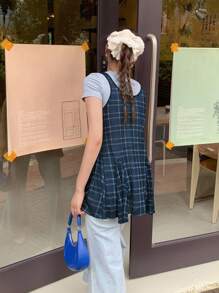 DAZY 女士格子休闲无袖上衣，荷叶边下摆，轻薄透气，适合夏季穿着 - 藍色 - 查看 5