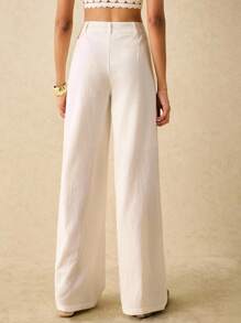 Poéselle 假日休闲简约纯色直筒裤，适合日常穿着、低腰裤、春假、女士度假装、海滩度假装 - 白色 - 查看 5