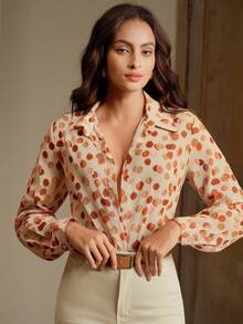 Anewsta Áo cánh nữ cổ tròn tay dài họa tiết chấm bi hai màu thanh lịch, mùa thu - Nhiều màu - Xem 5