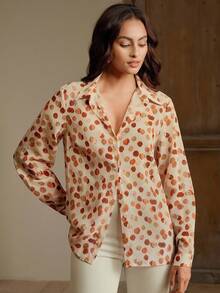 Anewsta Áo cánh nữ cổ tròn tay dài họa tiết chấm bi hai màu thanh lịch, mùa thu - Nhiều màu - Xem 6