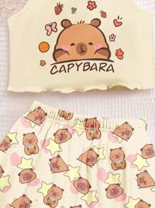 SHEIN 青少年女孩休闲修身吊带背心和短裤睡衣套装，适合夏季 - 彩色 - 查看 4