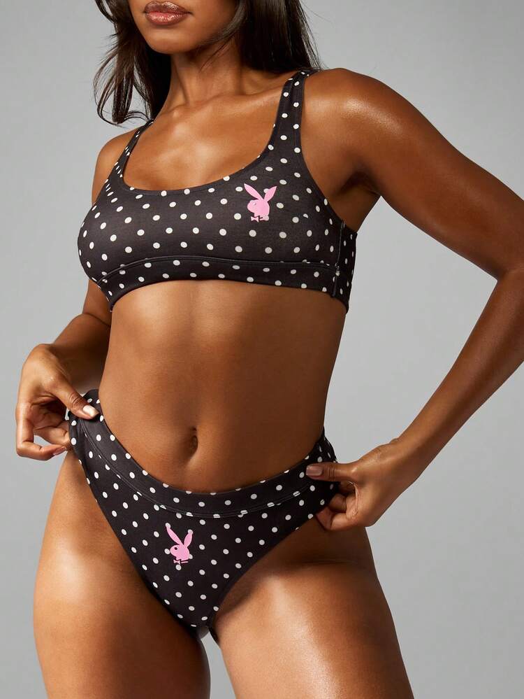 Missguided x Playboy Conjunto de sujetador y pantie de corte alto con estampado de lunares y logotipo de conejo, ropa de playa y resort, apto para todo el año
