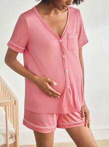 2 Packs Maternity Short Sleeve Nursing Pajama Set With Button ,Lounge Set Fashion Sleepwear - Pink - View 2