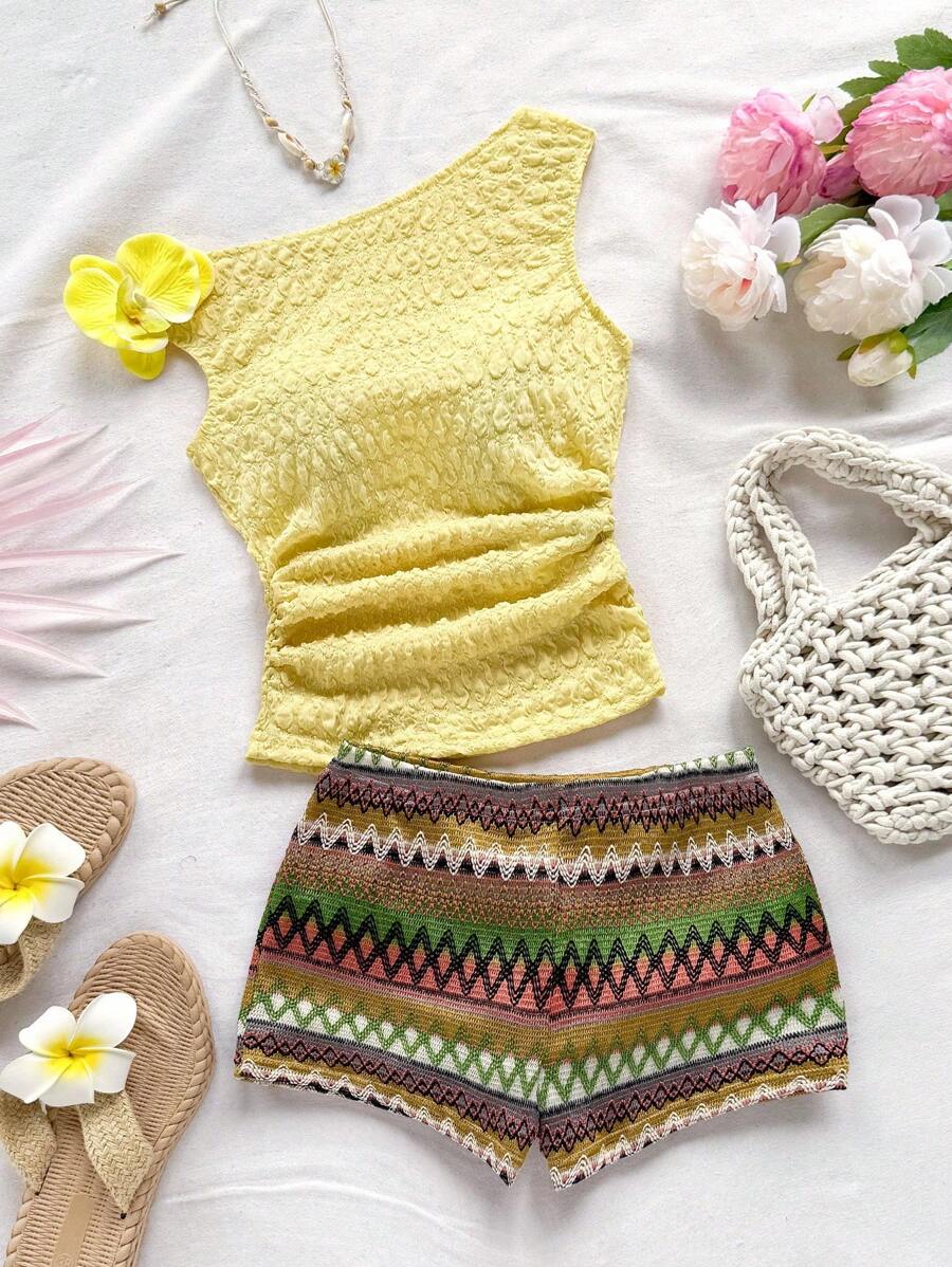 Soleia Spring Summer Casual Holiday Western Beach Wedding Guest Outfit Graduation Brunch Attire St Patrick's Day Spring Break Easter Music Festival Bohemian Tropical Elegant Floral Embellished Halter Neck Tank Top And Colorful Striped Shorts 2Pcs Set Summer Two Piece Set Summer Outfit Set For Women Summer Skirt And Top Set Beach Skirt Set Crochet Two Piece Set - Multicolor - View 1