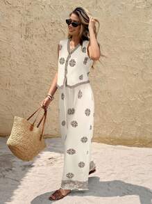 SHEIN Frenchy 2pcs Women Vacation Casual Printed Tank Top & Pants Set Brown Summer Casual Holiday Resort - Khaki - View 3