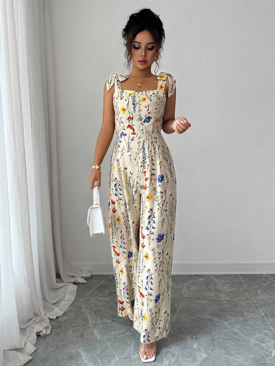 Elenzga 女士卡其色打底多色花卉印花系带肩部设计休闲度假风高端优雅宽松阔腿连体裤 - 彩色 - 查看 1