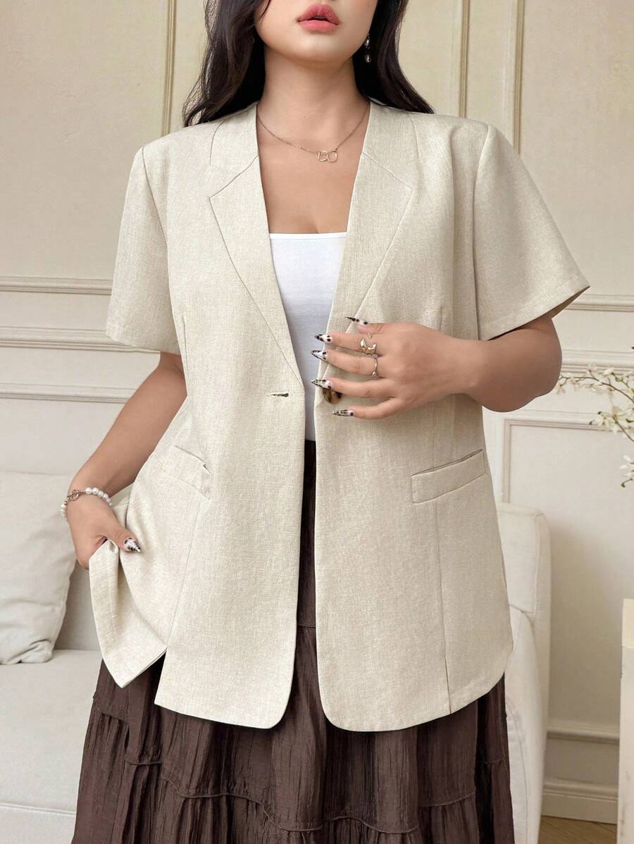 SHEIN Clasi 大码女式优雅简约缺口领短袖轻便西装外套,秋冬季夏季 - 杏色 - 查看 1