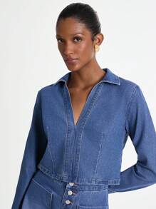 Daynim Women Casual Commuter V-Neck Cropped Denim Top Autumn - Medium Wash - View 5