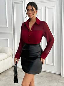 SHEIN Cottnline Solid Color, Button Details, Transparent Long Sleeve, Shirt - Burgundy - View 7