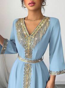 Elenzga Women's Elegant Fringe Sequin Patchwork Dress - Baby Blue - View 4