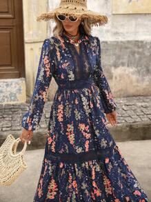 SHEIN VCAY Lace Splice Long Sleeve Cinched Waist Botanical Print Maxi Vacation Dress For Women, Vacation Outfits Women