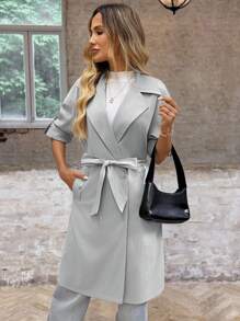 EMERY ROSE 女士休闲通勤纯色风衣 - 淺灰色 - 查看 6